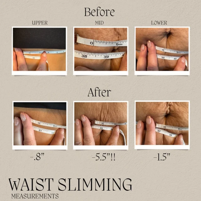 A collage of one client’s before and after waist measurements