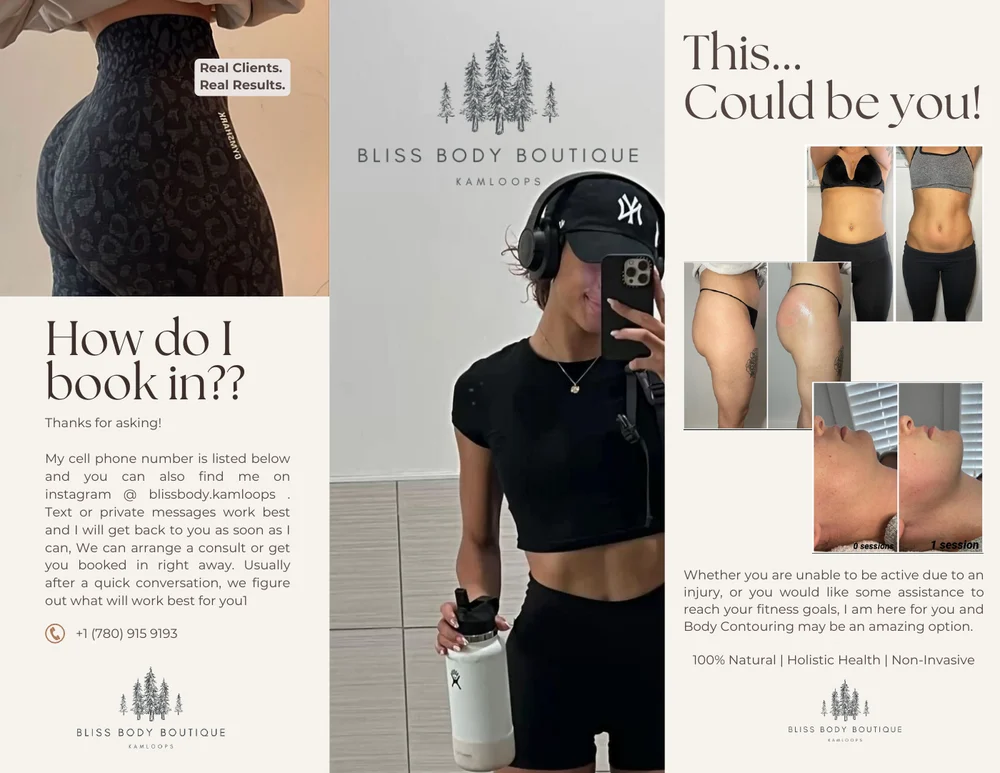 First page of the Bliss Body Boutique brochure, with the evergreen logo, client photos, and booking details